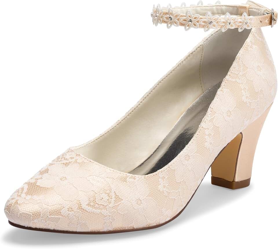 JIAJIA 62311A Damen Brautschuhe Closed Toe Chunky Heel Spitze Satin Pumps Satin Blume Hochzeitsschuhe