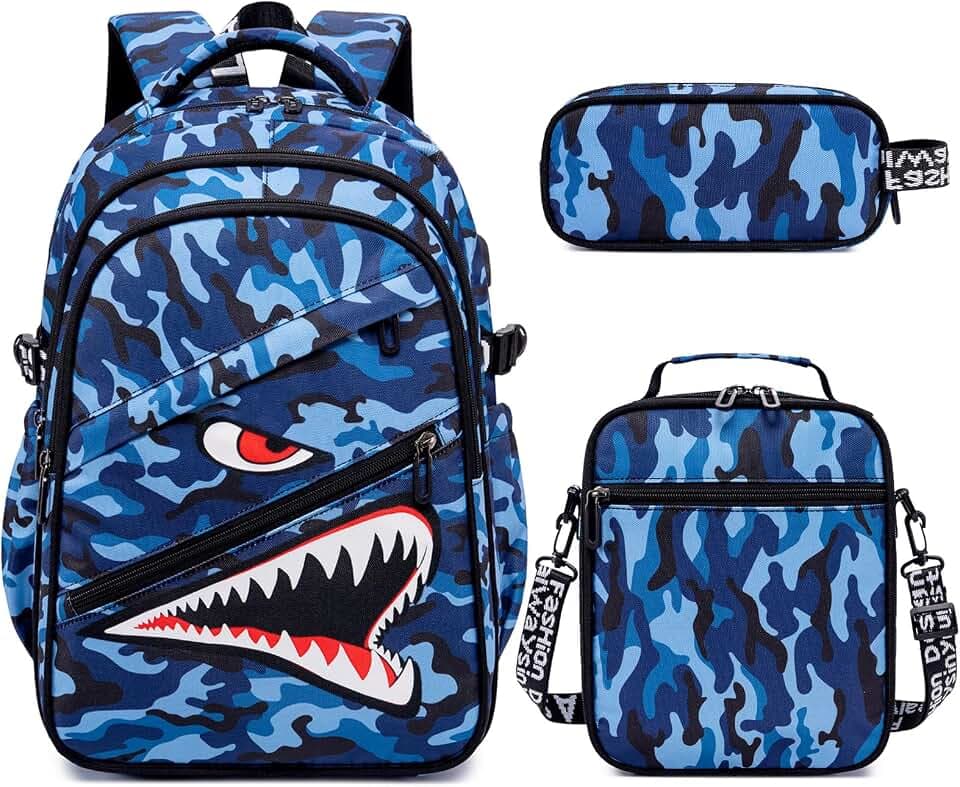FIXITOK Shark Backpack for Boys 3PCS with Lunch Bag & Pencil Case