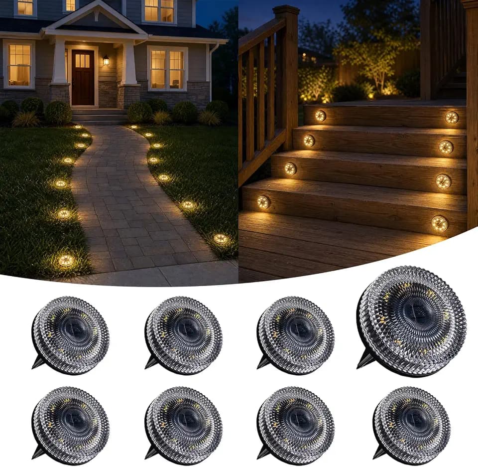 Real Glass Solar Ground Lights, Stake or Wall Mount 2-in-1, 8 Pack