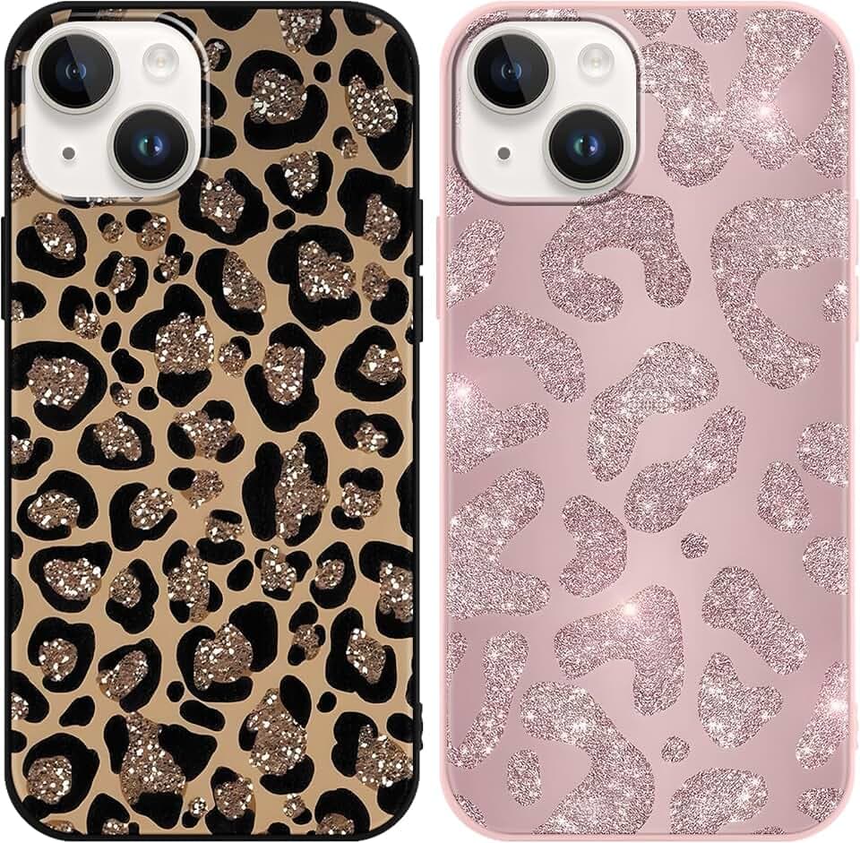 Yirlbey 2 Stück Handyhülle für iPhone 14 / iPhone 13 Hülle 6,1", Aesthetic Muster Glitzer Motiv Design Weiche TPU Ultra Dünn Bunt Silikon Schutzhülle Kratzfeste Stoßfest Case für Mädchen, Leopard