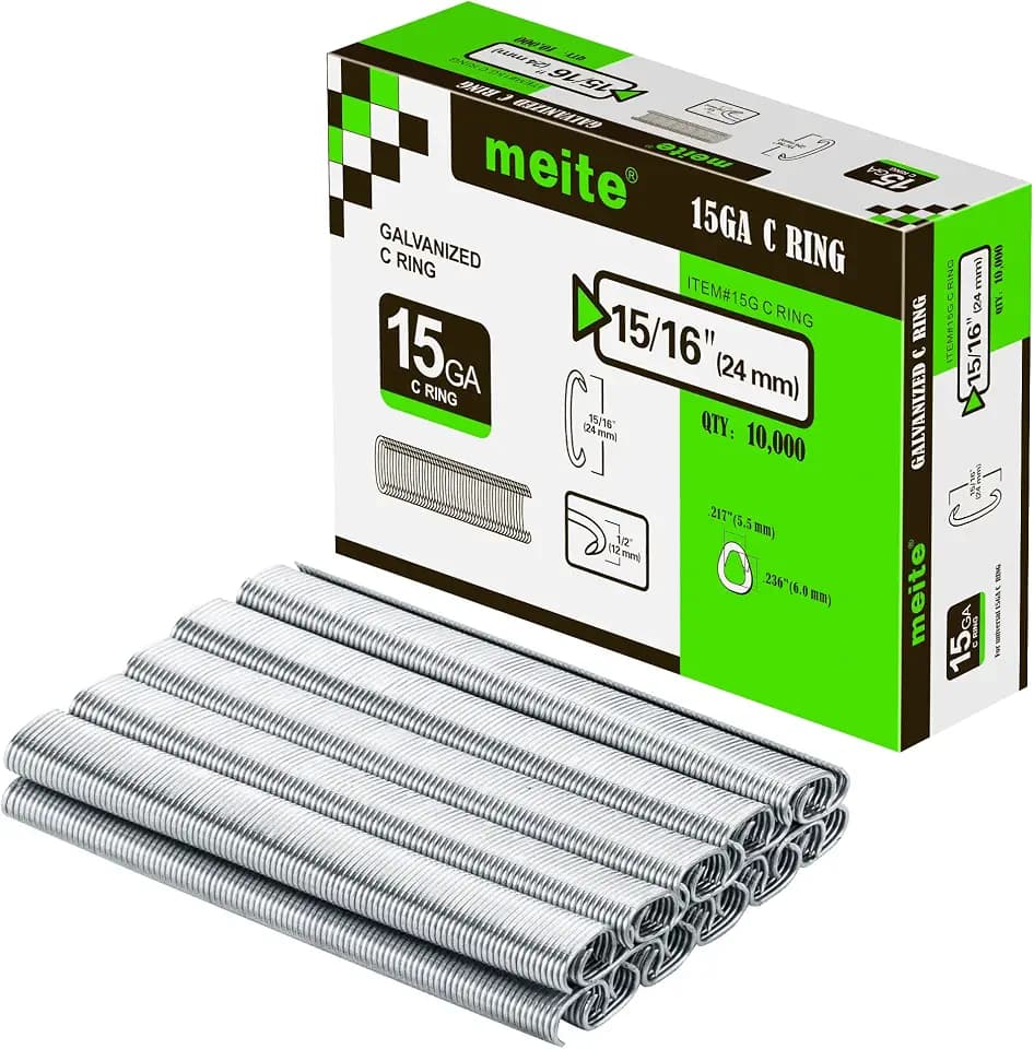 meite 15 Gauge 3/4" Hog Rings, Galvanized Hog Ring Staples for SC7C, SC7C-I2 Hog Ring Stapler, C Ring Staples for Mattress Springs, Seat Assembly, Wire Cages (10,000 Counts)