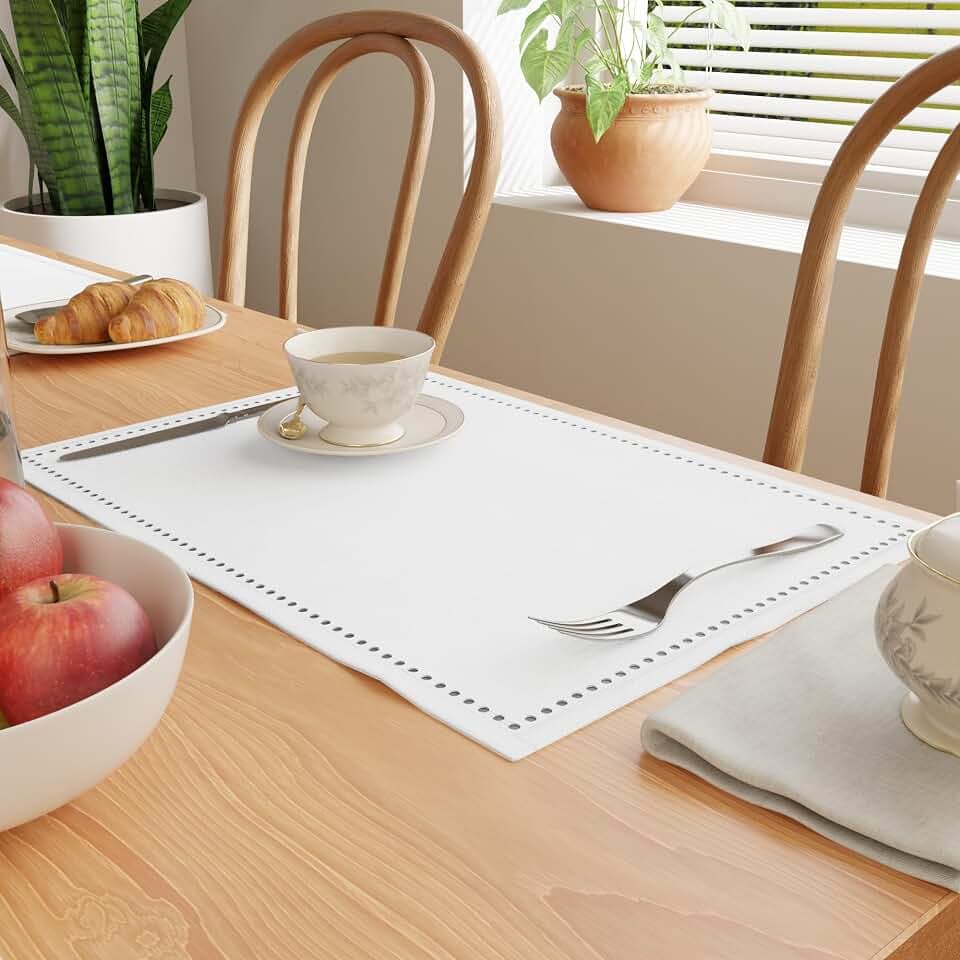 Encasa XO Tischsets, Reine Baumwolle, Hohlsaum 19"x13" Weiß