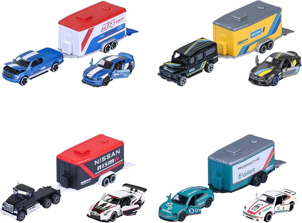 Majorette - Race Trailer Set - 2 Spielzeugautos & 1 Anhänger im Motorsport-Design, Autos und Trailer aus Metall, 19 cm, für Kinder ab 3 Jahren, zufällige Auswahl