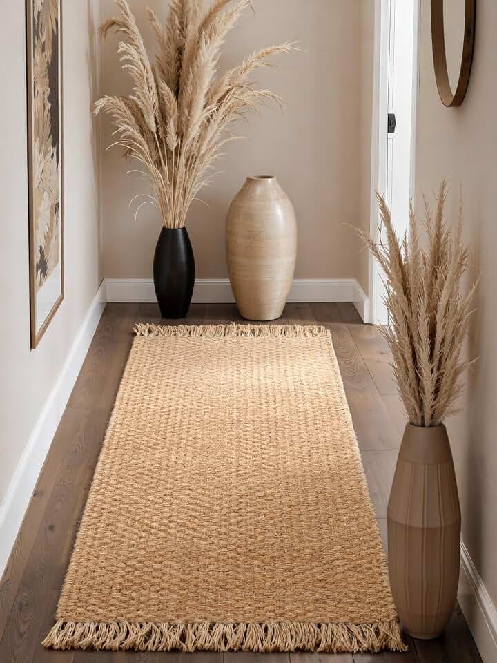 Hanse Home Fjord Juteteppich - Natur Wohnzimmerteppich aus 100% Jute, Handgewebt, Fransen, Robust & Pflegeleicht, Moderner, Boho Naturfaser Teppich für Wohnzimmer, Schlafzimmer - Natur Gold, 80x200cm