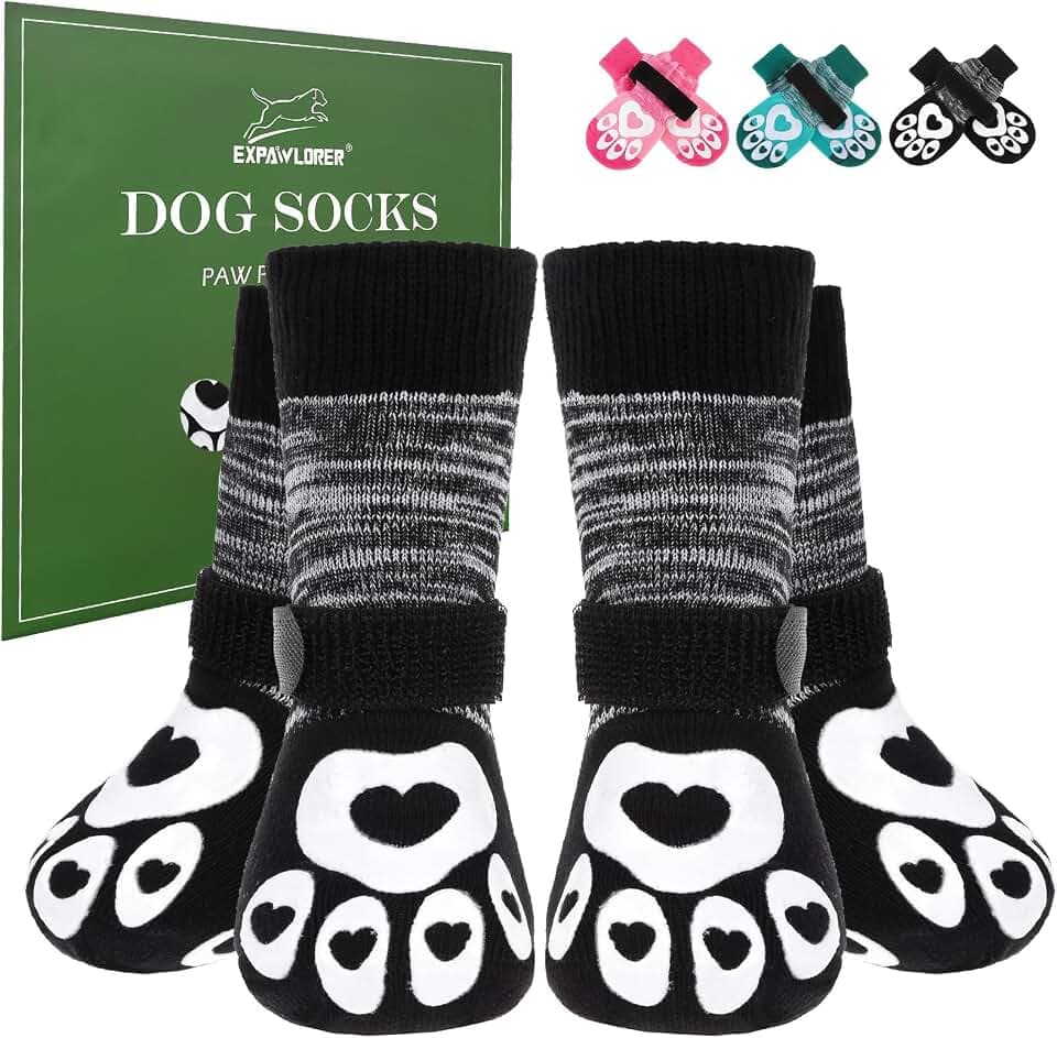 EXPAWLORER Dog Socks to Prevent Licking Paws with Grippers for Hardwood Floors Anti Slip,Glow-in-the-Dark Dog Summer Shoes Booties Boots & Paw Protectors for Small Medium Large Senior Dogs Black L