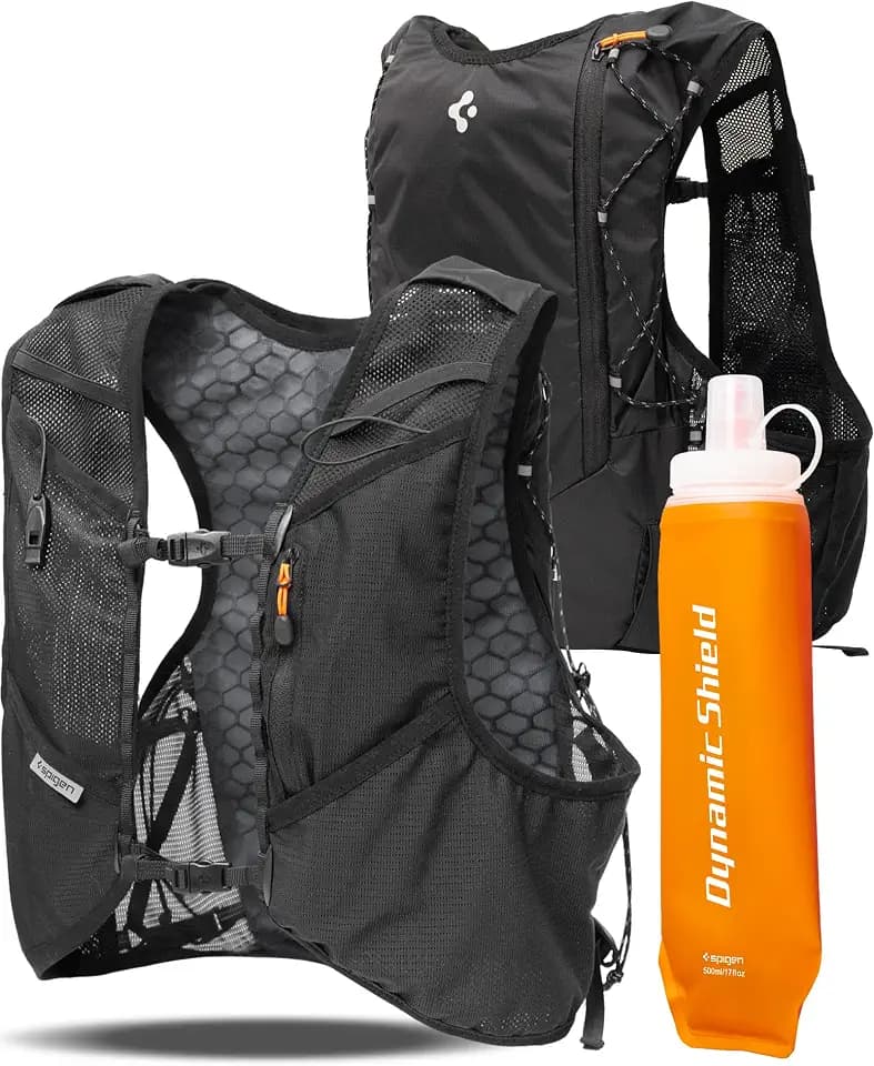 Spigen A721 Laufweste Damen & Herren mit 500 ml Trinkflasche Trinkrucksack für Laufen & Marathon [sicherer Handyhalter, leight] 3L Stauraum, 4-Fach verstellbare Gurte, M-L/L-XL - Schwarz
