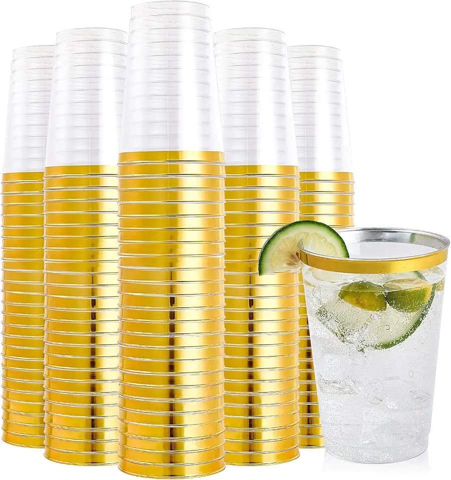 FOCUSLINE 200 Pack 12 oz Gold Rimmed Clear Plastic Cups, Disposable Cups
