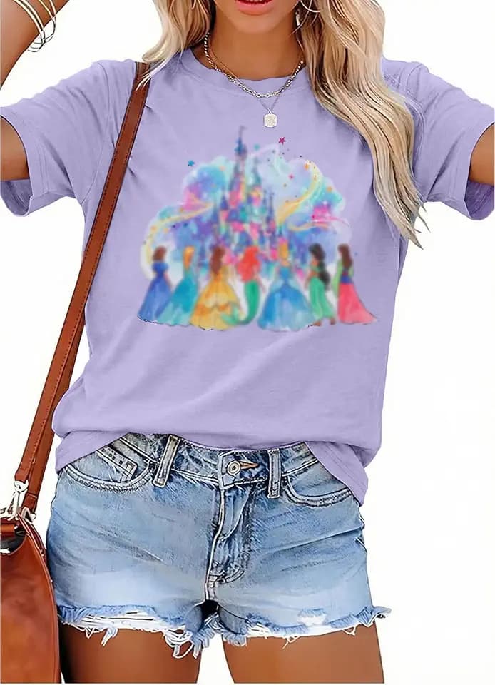 Magic Kingdom Shirts for Women Sequin Top Colorful Castle Graphic Tshirt Holiday Vacation Shirt Funny Cute Tee Tops