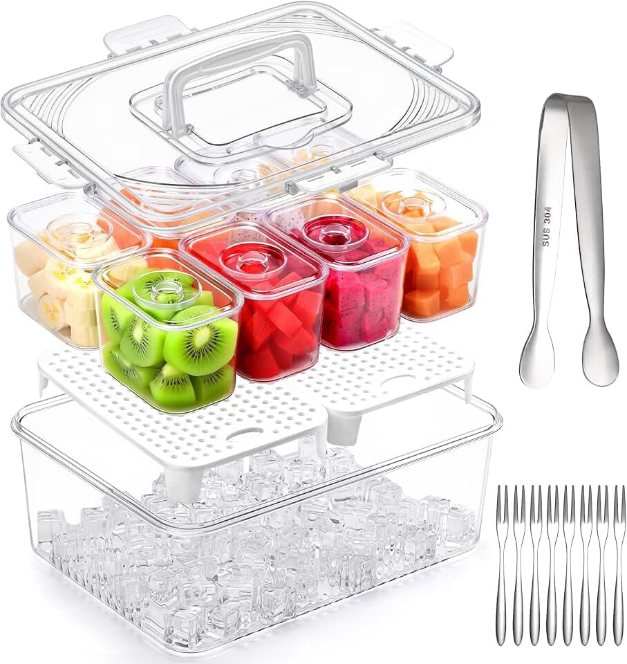 Ice Chilled Condiment Caddy with 8x13.5oz Containers, Large Portable Snack Containers with Lid & Handle, Fruit Veggie Salad Chilled Serving Trays for Party Travel Beach Picnic Outdoor