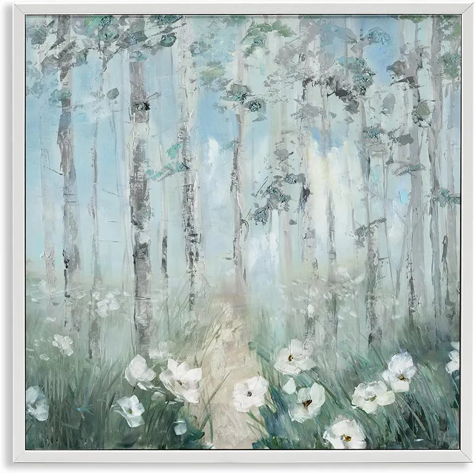 Birch Forest Floral Landscape, 17 x 17 Inch Framed Giclée Print