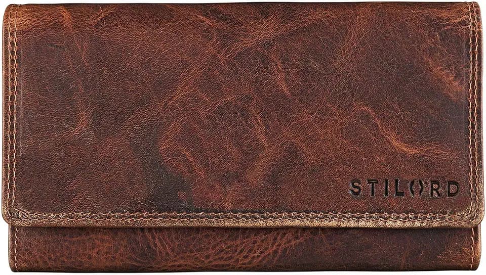 STILORD "Hannah Vintage Geldbörse für Damen aus Antik Leder groß Portemonnaie Reißverschluss Kleingeld EC-Karten Horizontal mit RFID NFC Schutz Farbe:Kara - Cognac