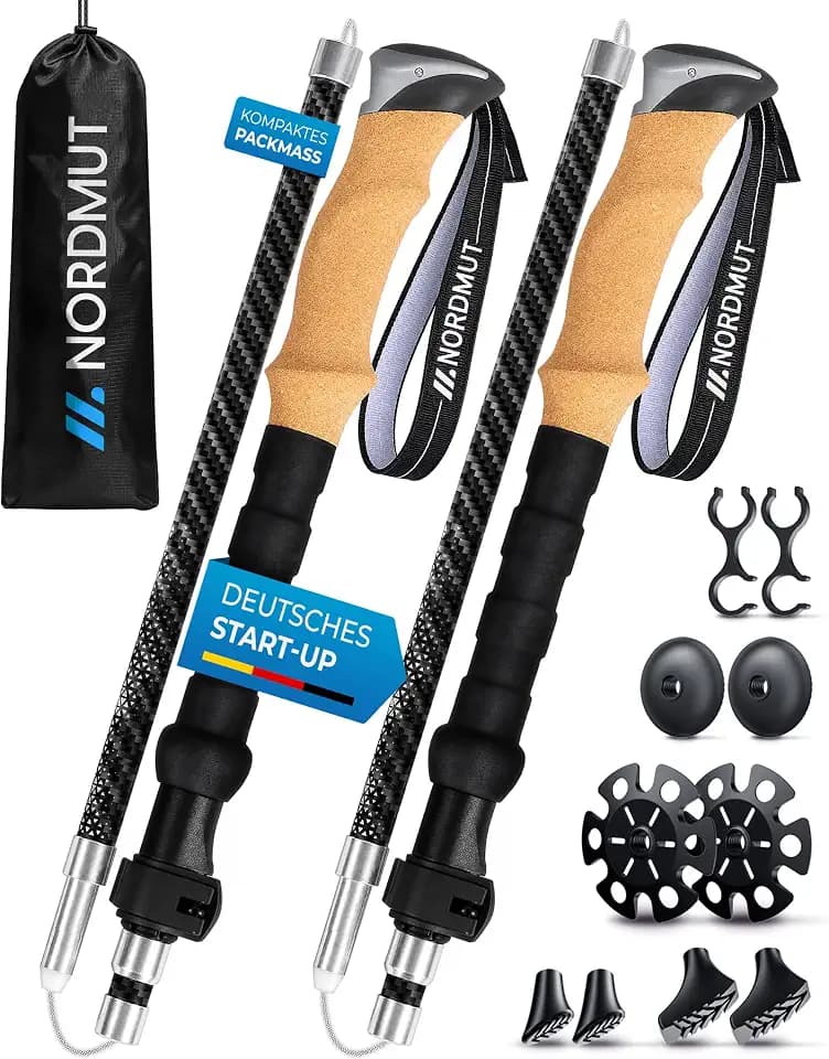 NORDMUT® Wanderstöcke faltbar aus ultraleichten Aluminium oder Carbon - ab 1,50m oder 1,65m - stabile Faltbare Wanderstöcke mit ergonomischen Griffen - Robuste Trekkingstöcke mit kompakten Packmaß