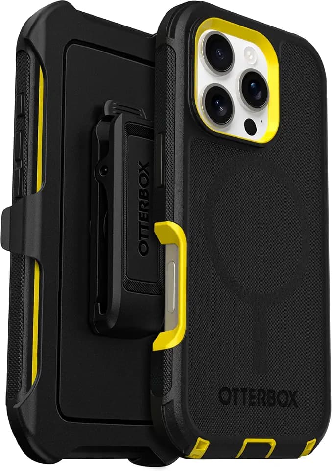 OtterBox iPhone 16 Pro (Only) Defender Series MagSafe Case - Night (Black & Yellow) - Holster Clip Included - Built-in Magnets - Rugged & Durable - with Port Protection - Non-Retail Packaging