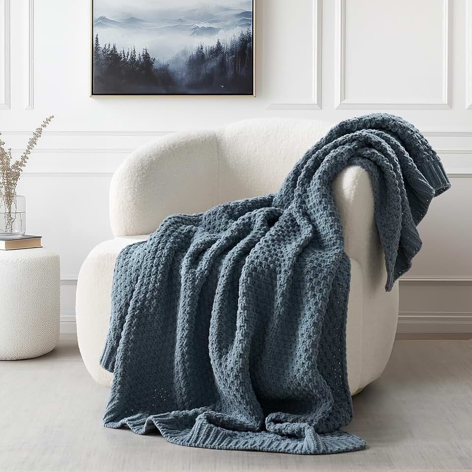 EVERGRACEHOME Chunky Chenille Knit Throw Blanket, 50 x 60, Stormy Blue