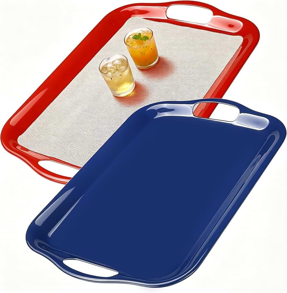 Extra Large Melamine Platters, Serving Tray with Handles for Cookie, Cupcakes, Desserts, Dishwasher Safe, Ottoman Tray Decor, Set of 2, 2 pcs Mats Included (Red&Blue, 21''x14'')