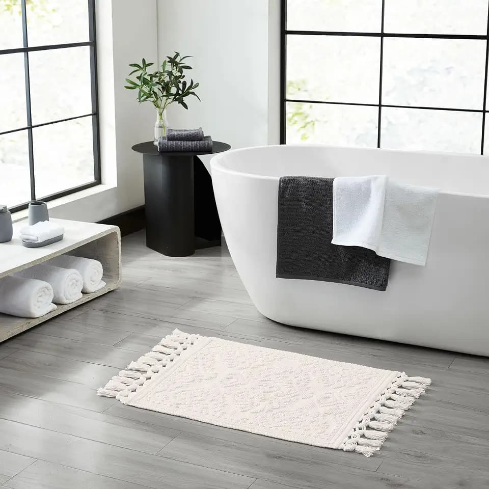 Jean Pierre - Ricardo Bath Mat, Woven Fringe Bathroom Rugs, 100% Cotton, Premium Bathroom Decor - Measures 21" x 41" - Ivory