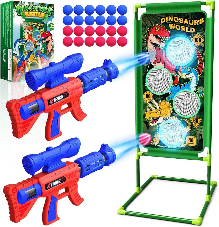 Spielzeug ab 3-12 Jahre Junge,Dinosaurier Schießspielzeug Geschenk Dinosaurier Spielzeug Dino Outdoor Spiele für Kinder Schießspiele für Kinder 2 Pcs Popper Pistole 24 Schaumball Ostergeschenke