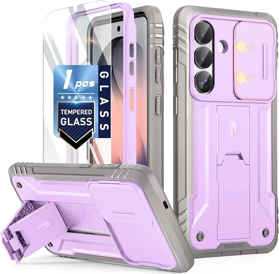 Poetic Revolution Case for Samsung Galaxy S26, [Slide Camera Cover], [20FT Mil-Grade Drop Tested], Full-Body Military Grade Rugged Dual-Layer Shockproof Cover with Kickstand, Purple