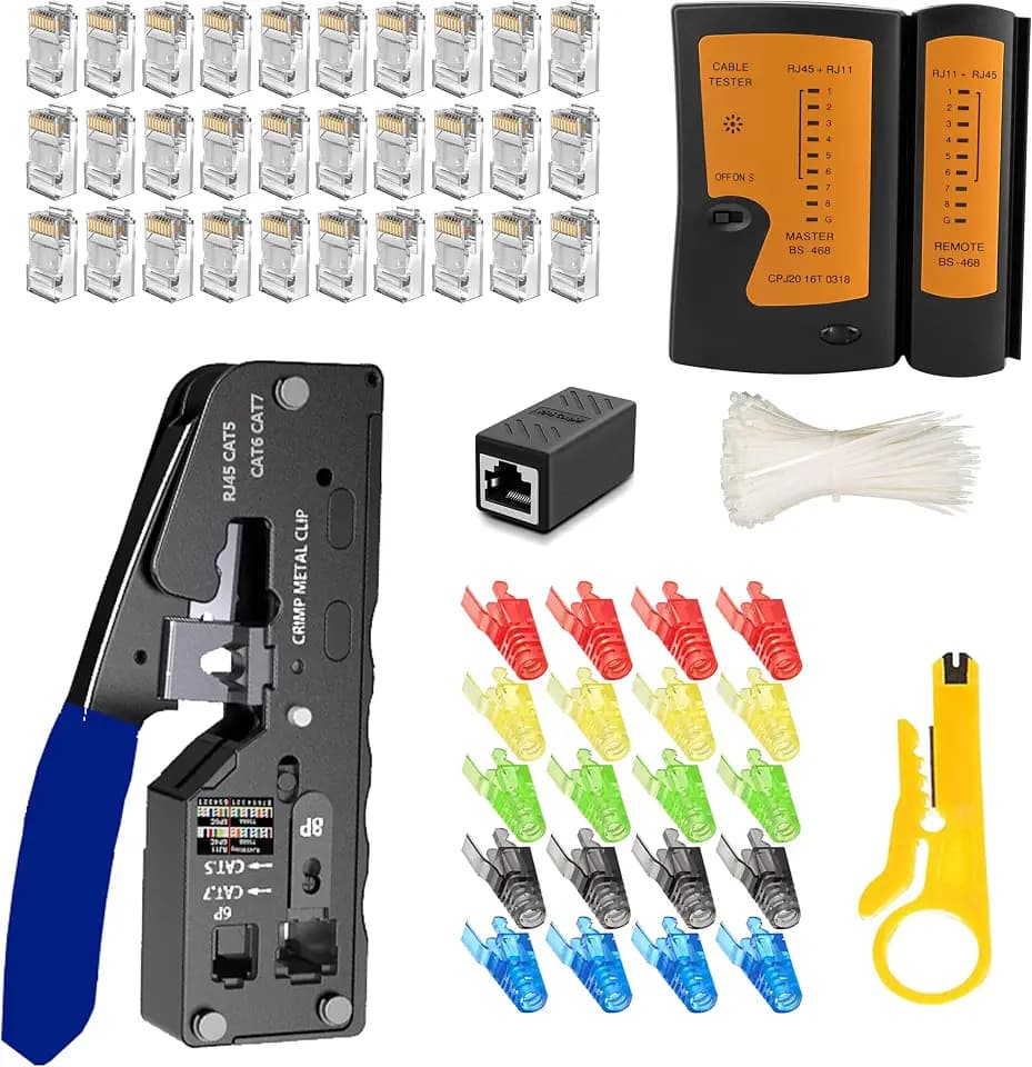 MAYLINE RJ45 RJ11 Cat5 Cat6 Netzwerk-Tester Netzwerkkabel-Kits, Drahtcrimper mit 50-teiligem Kristallverbinder-Werkzeugsatz, Datendetektor-Abisolierer (blau)