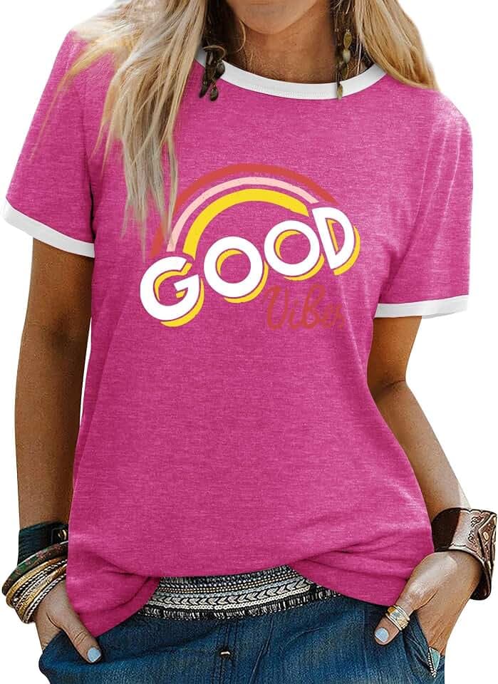WIEIYM Tshirt Damen Rundhals Kurzarm T-Shirts Sommer T Shirts Good Vibes Regenbogen Brief Gedruckt Lässig Tee Shirts Oberteile Tops,A-Purpurrot,2XL