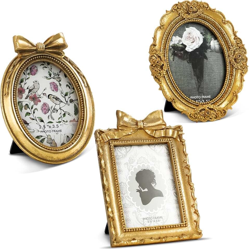 Vicenpal 3 Pcs Tiny Vintage Ornate Picture Frames 2.5 x 3.5 Inch Gold
