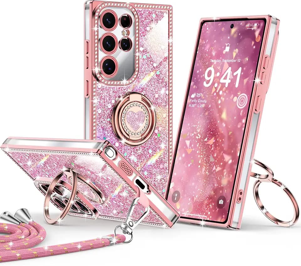 XYZ for Galaxy S23 Ultra Case, Glitter Bling Phone Cover with 2-Ring Heart Stand & Lanyard, Women Girls Luxury Rhinestone Shockproof Protective Case para Samsung S23 Ultra, Pink