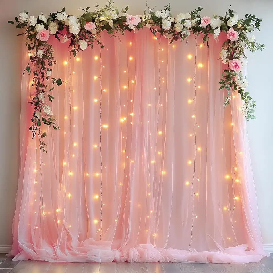 Tulle Backdrop Curtain with Lights 10x8FT Peach Sheer Curtains