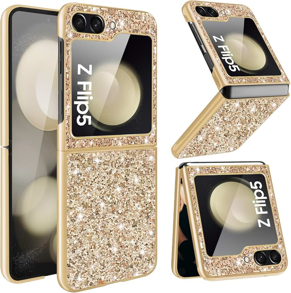 Fiyer Z Flip 5 Hülle Handyhülle für Samsung Galaxy Z Flip 5 Hülle Glitzer Bling Sparkle Stoßfest Anti-Kratzer 360 Grad Schutzhülle für Samsung Z Flip 5 Hülle Ultra Dünn Galaxy Z Flip 5 5G Case (Gold)