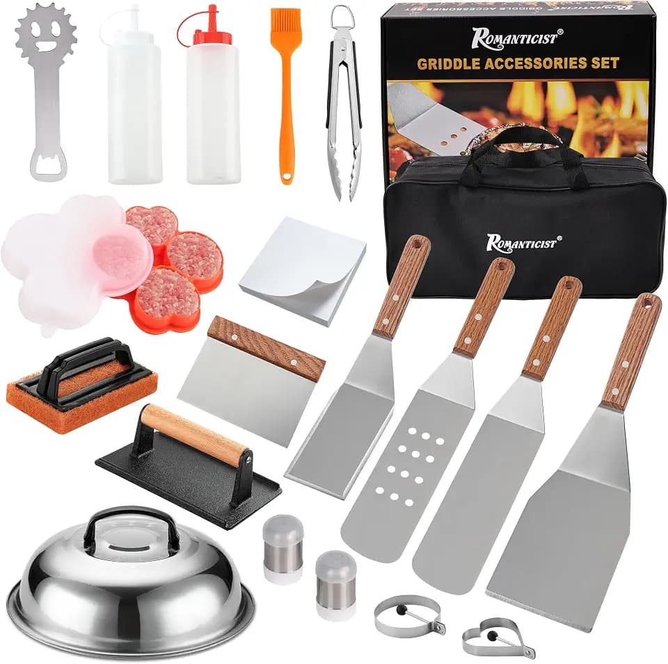 ROMANTICIST 119PC Professional Griddle Accessories Kit - Heavy Duty Stainless Steel Grill Spatula Set for Grill Griddle Hibachi Flat Top Outdoor Cooking - Great Grill Gift on Birthday Wedding