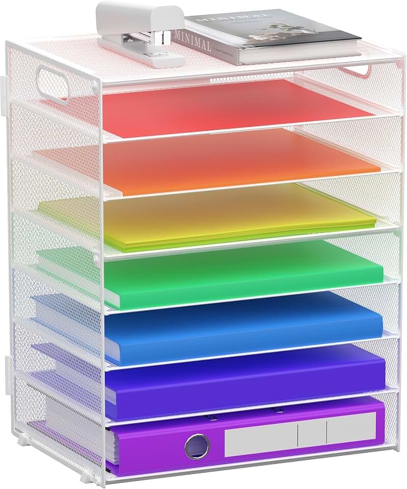8 Tier Paper Letter Tray Organizer with Handles for Desk (White)