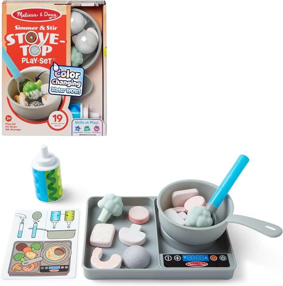 Melissa & Doug - Water Wow Koch Spielset - 19-teiliges Set mit Herd, Zubehör und Spiellebensmitteln mit Farbwechseleffekt für realistisches Rollenspiel, für Kinder ab 3 Jahren