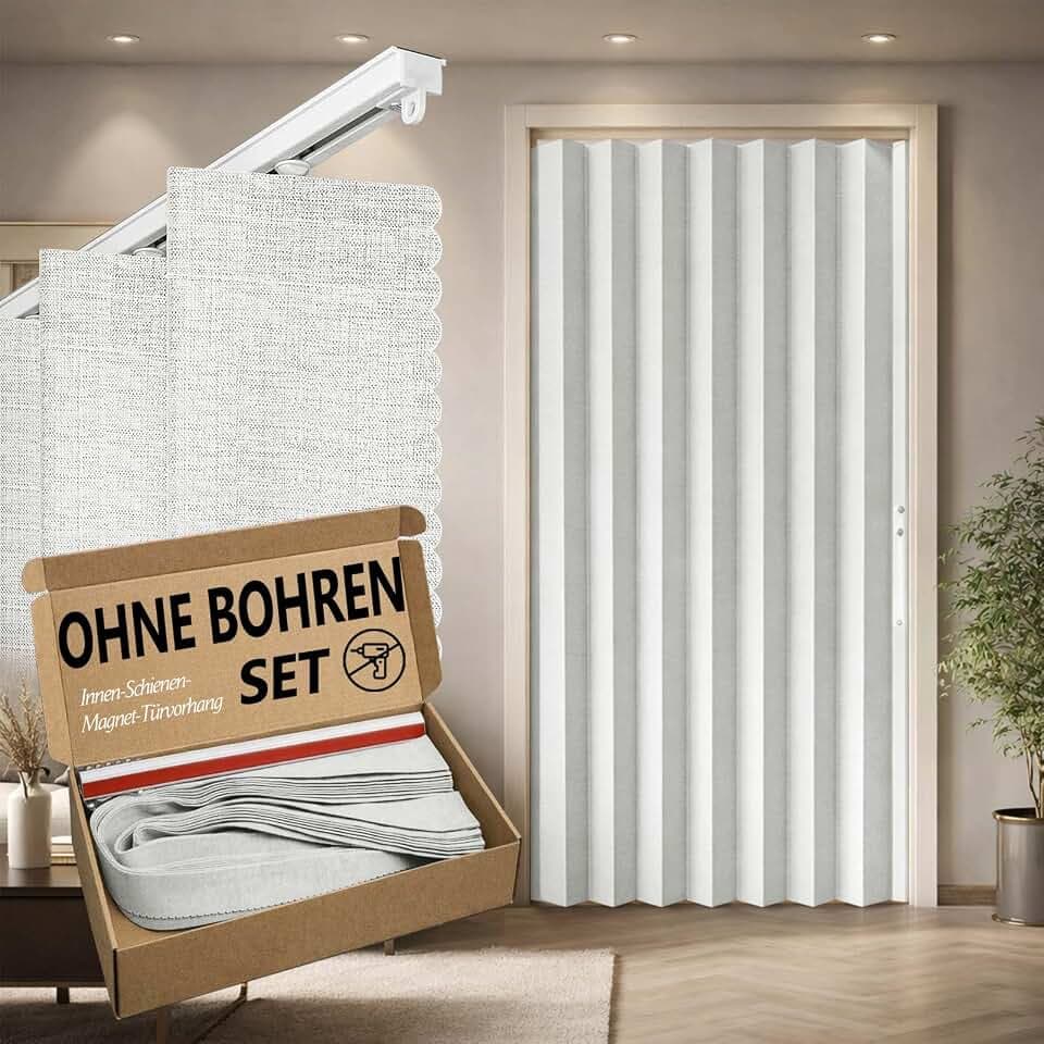 Jilron 100% Blickdichter Türvorhang – Faltbarer Akordion-Stil mit Magnetverschluss, Klebemontage ohne Bohren, inkl. Klebeschiene, Verdunkelung & Windschutz,Weiß, H201 x B106 cm