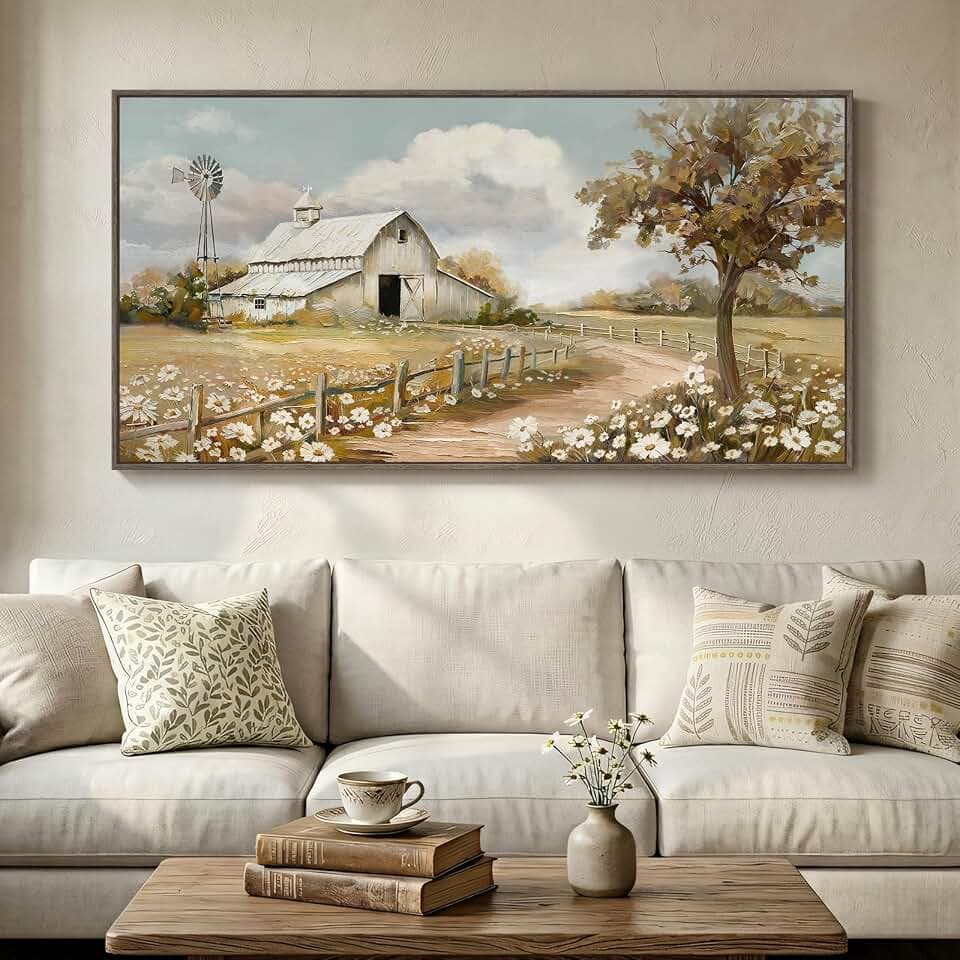 Large Framed Vintage Farmhouse Landscape Wall Art for Living Room, 60x30 In