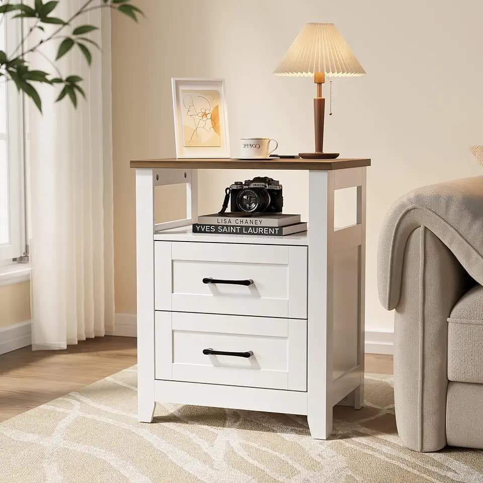 Decofy Farmhouse 2-Drawer Nightstand with Charging Station, White