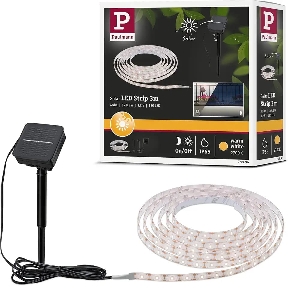 Paulmann 78896 LED Stripe Solar 3m inkl. Dämmerungssensor und Akku IP44 0,3W 48lm 60LEDs/m 2700K Warmweiß Schwarz Kunststoff