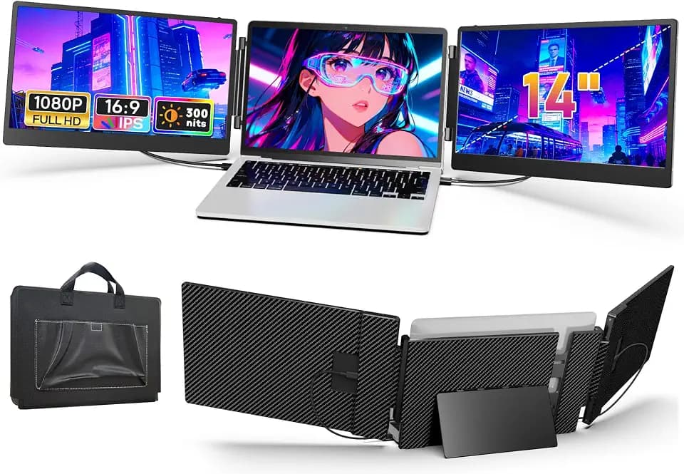 LivElect 14'' Triple Laptop Screen Extender, 1080P FHD Portable Monitor für Laptop, Laptop Bildschirm Erweiterung, Plug-Play, Dual Tragbarer Monitor für Mac/Windows/Chrom (Eingebaute Lautsprecher)