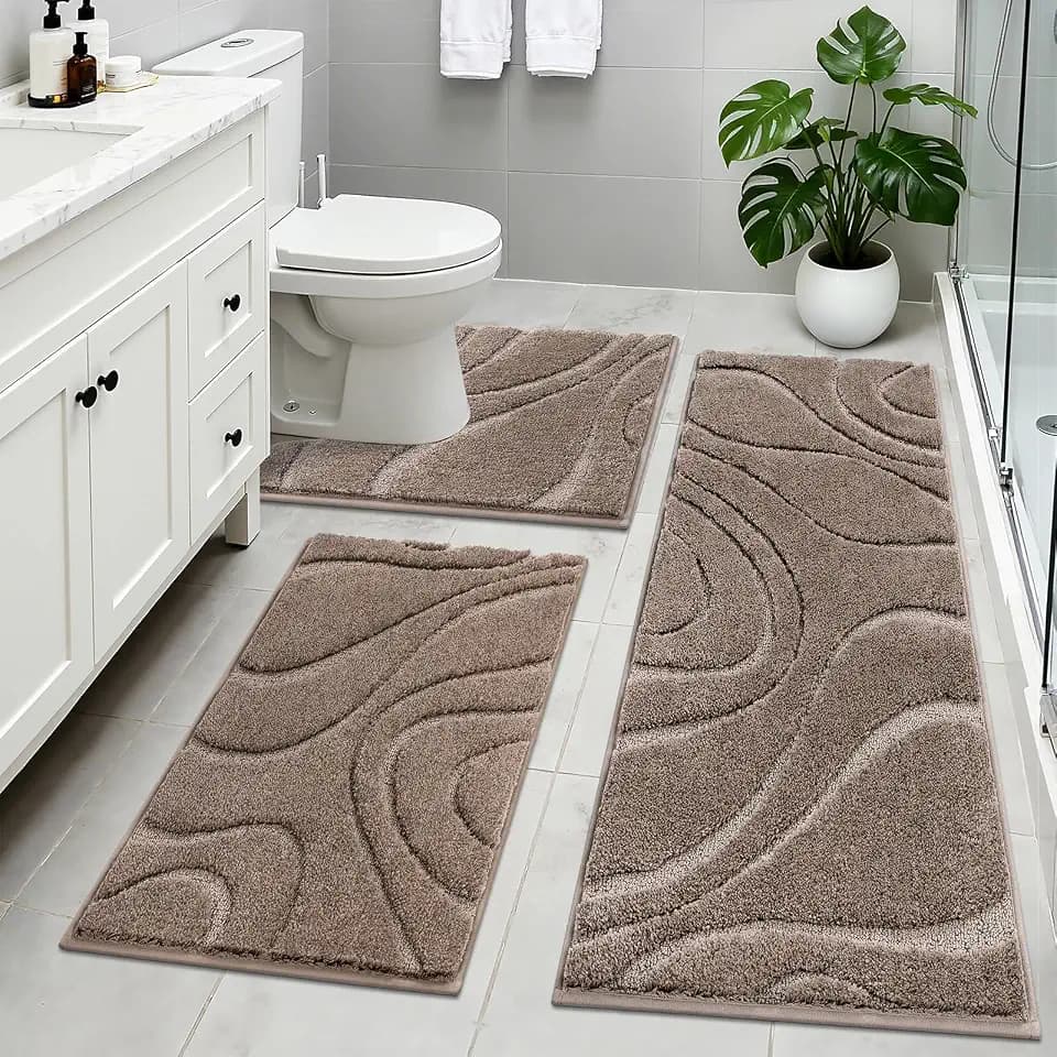 HEBE Bathroom Rugs Set 3 Piece, Soft Bath Mat Set Non Slip Washable, Brown