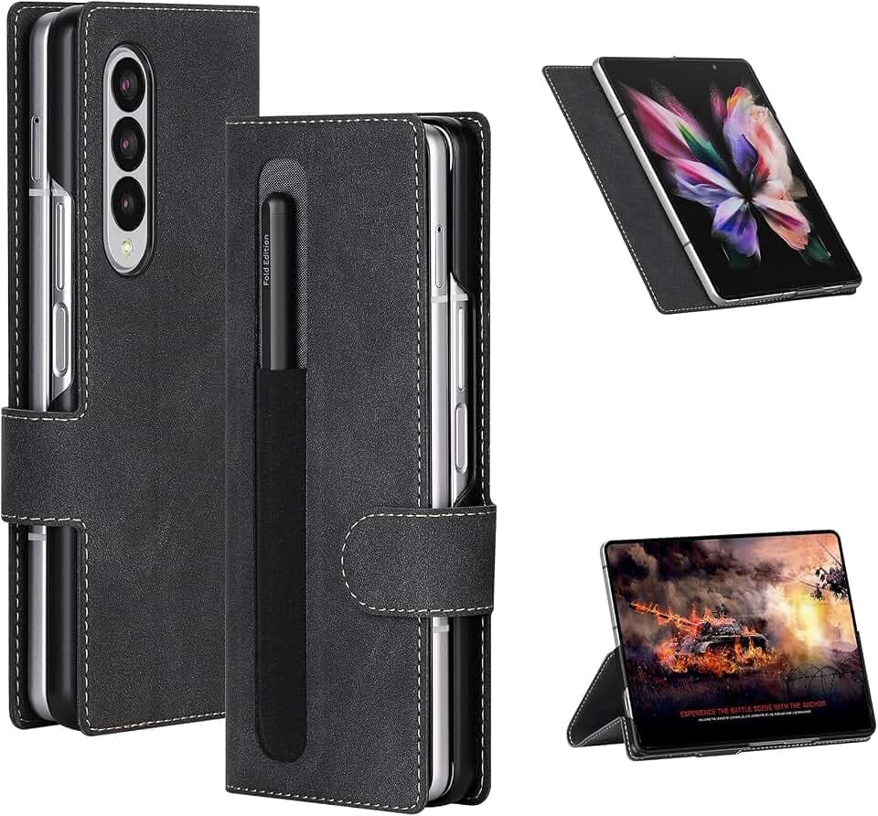 Cresee Hülle für Samsung Galaxy Z Fold 3 5G, mit Stifthalter für S Pen Fold Edition, Flip Case Stand Magnetverschluss Handyhülle Schutzhülle Tasche Cover Stoßfest Klapphülle für Z Fold3 2021, Schwarz
