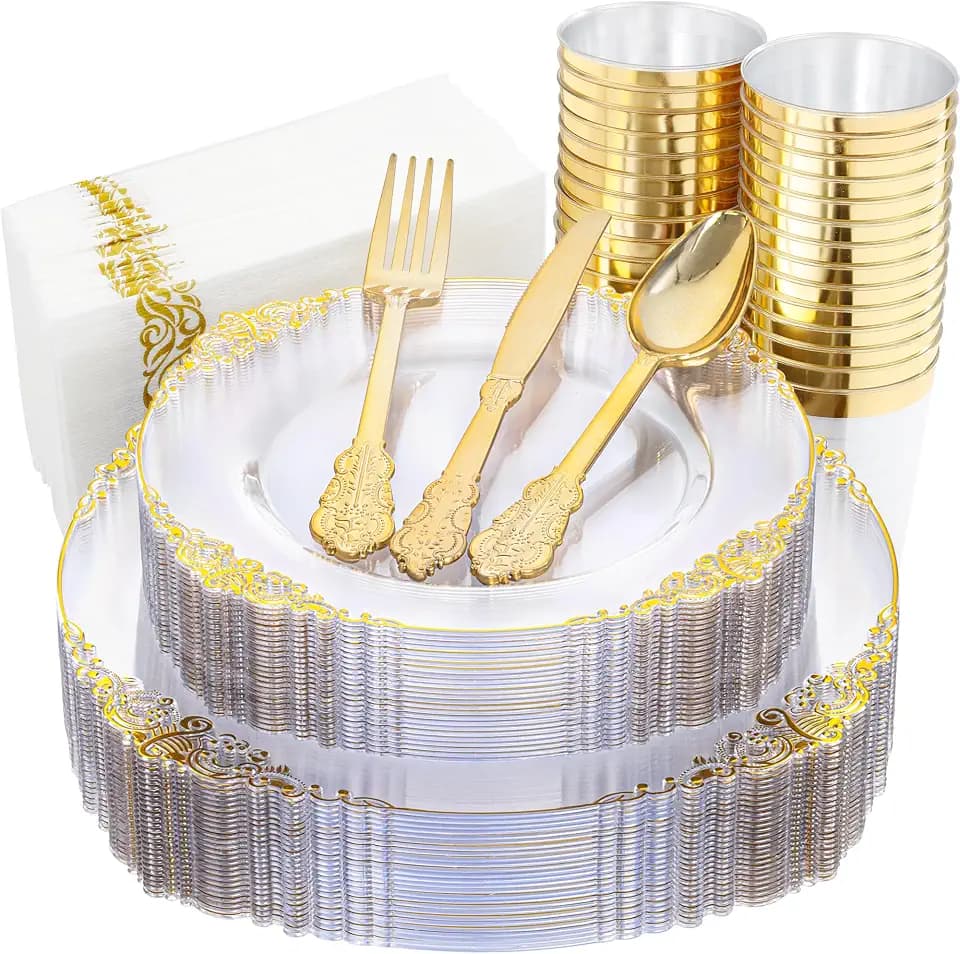 Nervure 175Pcs Clear Plastic Plates, Plastic Dinnerware Set for 25 Guest