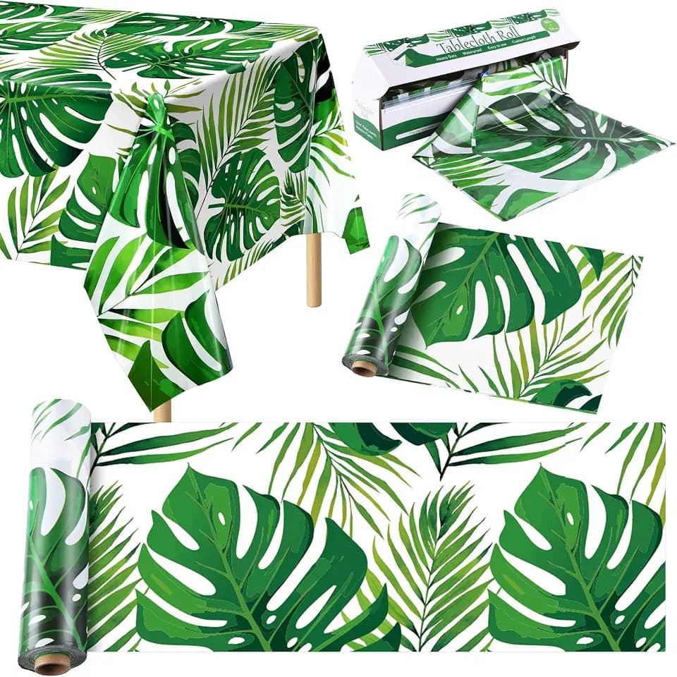 Kochorie 100 Ft x 54 Inch Palm Leaves Tablecloth Roll with Cutting Box Hawaiian Luau Tablecloths Disposable Aloha Tropical Table Cover Backdrop for Hawaii Birthday Summer Beach Tropical Party Supplies