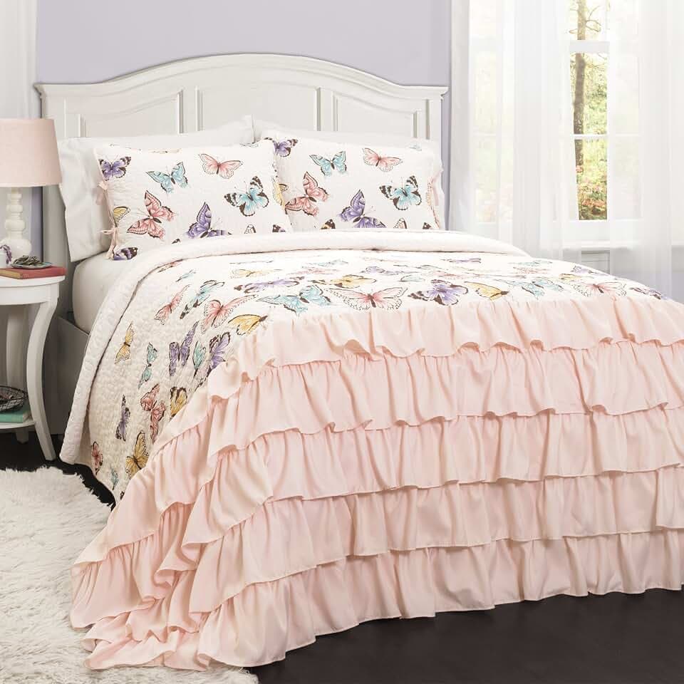Lush Decor Flutter Butterfly Bettwäsche-Set, 2-teilig (Doppelbett), Polyester, Süße Gesteppte Tagesdecke (Full/Queen), Twin