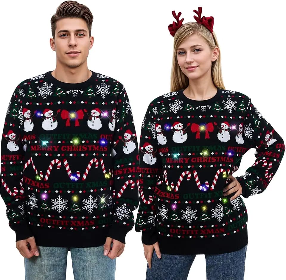 Belovecol Unisex Weihnachtspullover LED Ugly Christmas Sweater Pullover Langarm Strickpullover