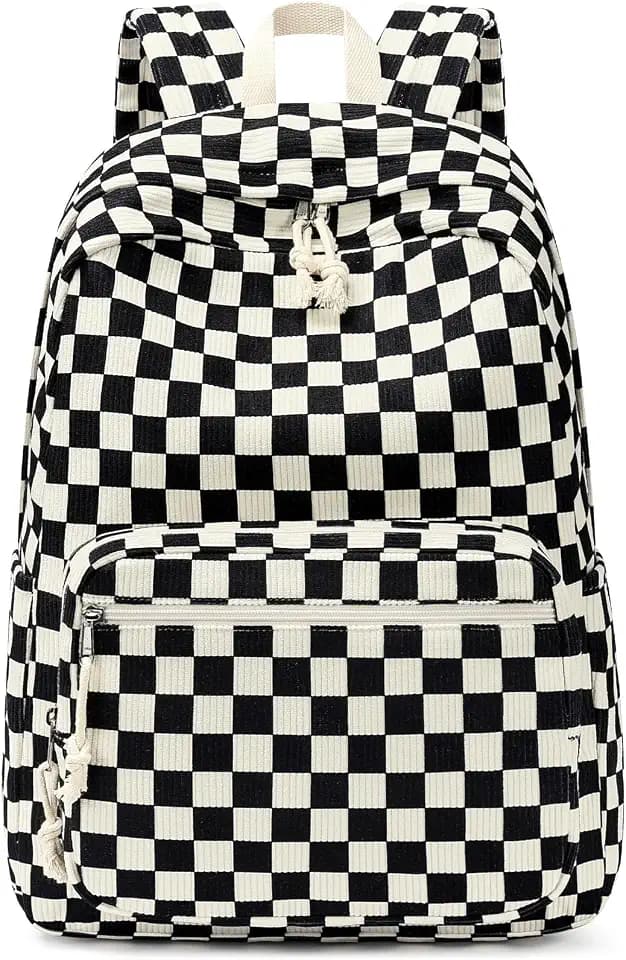 mibasies School Backpack for Girls with Laptop Sleeve: 18IN Large Capacity Corduroy Bookbag for Primary Middle School/College, Travel Daypack for Teens Women - Black Checkered