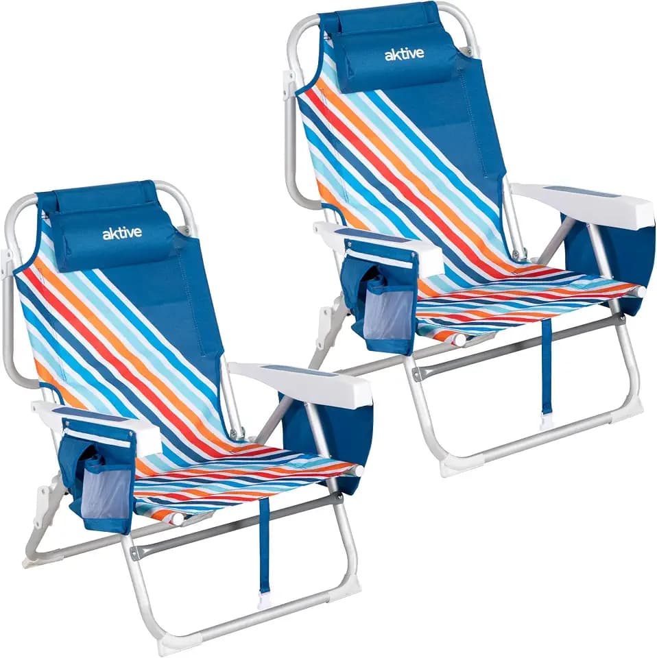 AKTIVE Packung mit 2 Strandstühlen, 50 x 55 x 80 cm, 4 Positionen, mehrfarbige Streifen, Gewicht pro Stuhl 110 kg, Kissen, Taschen, Kippschutz, Seitenuntersetzer, Griffe für Rucksack (85557)