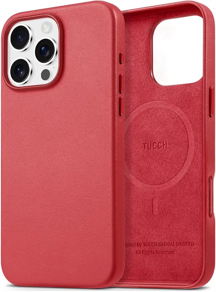 TUCCH Lederhülle für iPhone 16 Pro Max, Stoßfeste Handyhülle Rot