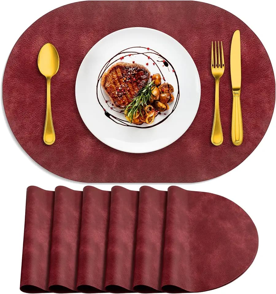 ADRIMER Oval Placemats Set of 6, Wipeable Faux Leather, Wine Red
