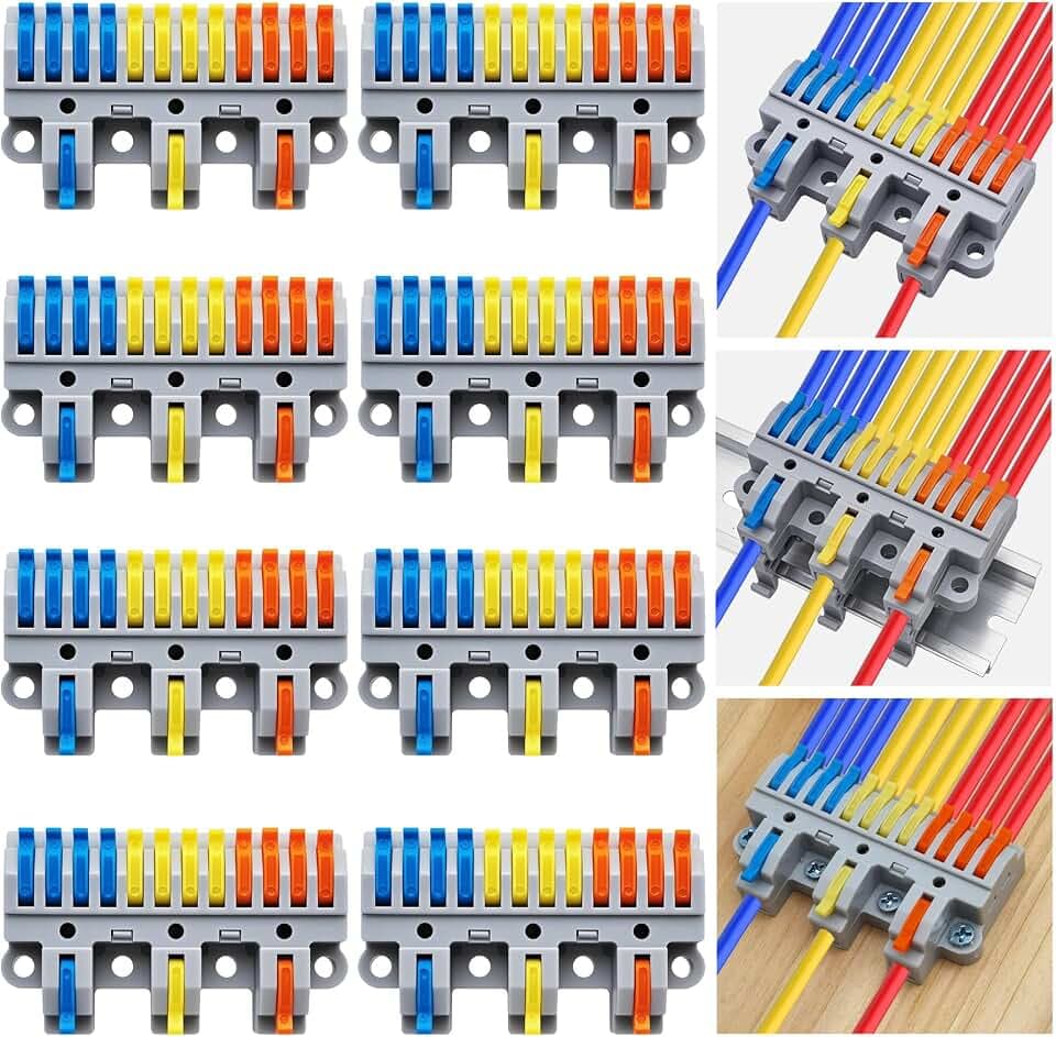 Hebelklemmenblock-Set (3 Eingänge, 12 Ausgänge), Verbindungsverbinder für drei Eingänge und zwölf Ausgänge, DIN-Schienen-/Schraubmontage, für 28–12 AWG Leiter, 8 Sets