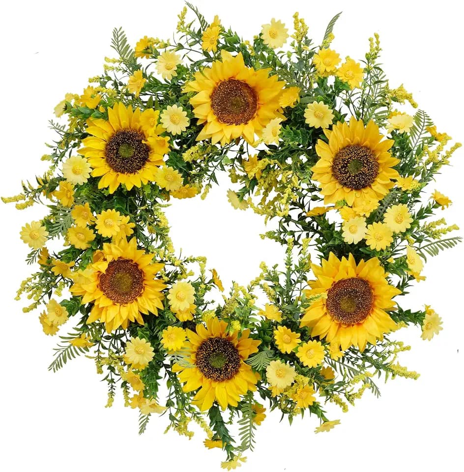 WELL KNOWN ​Sunflower Wreaths for Front Door, 21 Inch Yellow Spring and Summer Door Wreath for Sunflowers, Handmade Silk Flower Decor for Home Party Festival Wedding Graduation Hanging Decor
