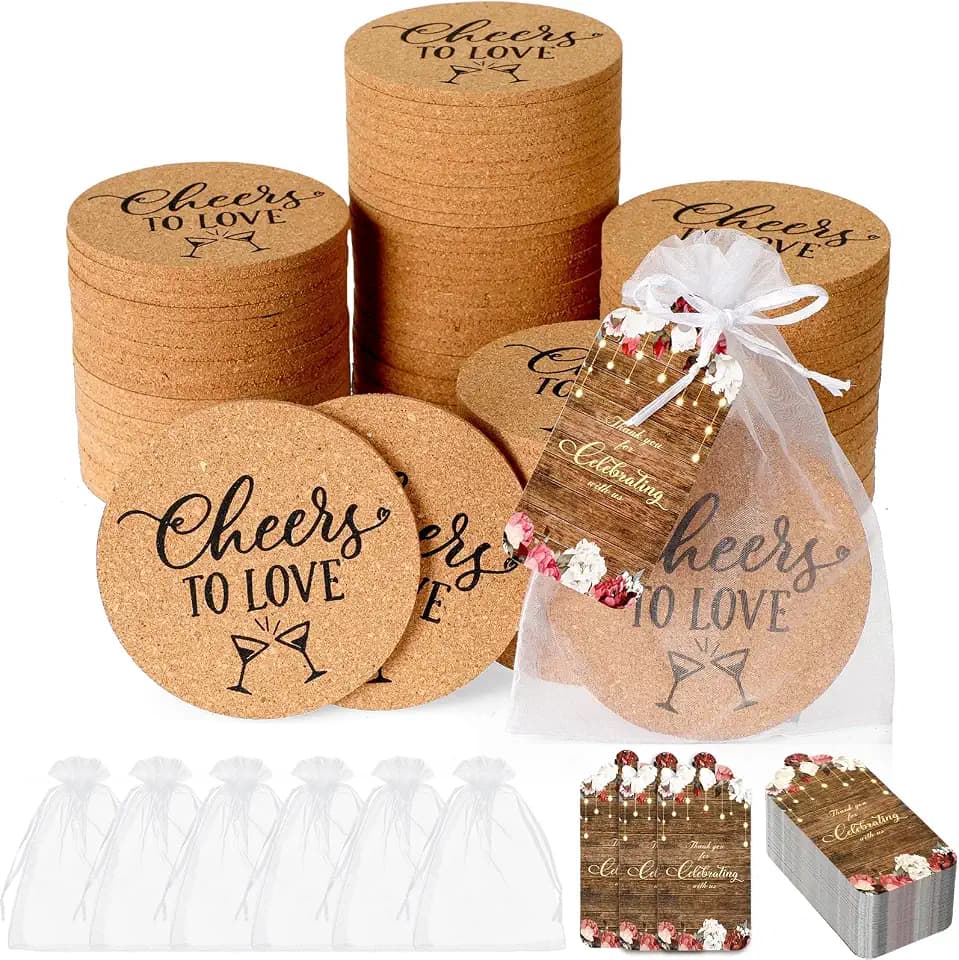 Domensi 100 Set Wedding Favors for Guest Cork Coaster Bulk Thank You Cards