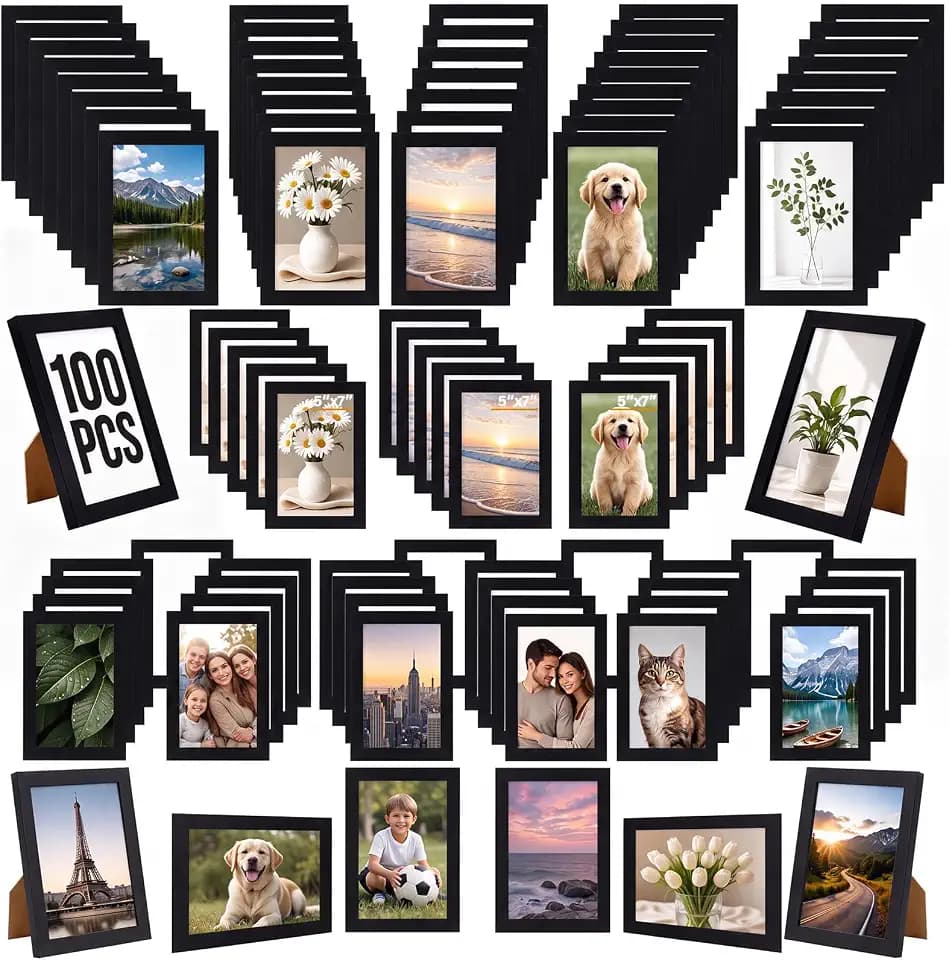 SiliFine 100 Pcs Picture Frame Bulk 5 x 7 Inch Simple Wooden Black Multi Photo Frames Wall Mounting Photo Frame for Wall or Tabletop Display Photos